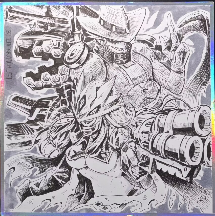 beelstarmon belt breasts ccccockroach cowboy_hat digimon digimon_(creature) dragon gun gundramon handgun hat long_hair magnakidmon mask revolver rifling robot third_eye underboob weapon