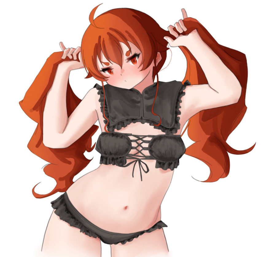 1girl alternate_hairstyle black_panties blush breasts bunching_hair cleavage eris_greyrat grabbing_own_hair legs lingerie long_hair looking_at_viewer mushoku_tensei navel panties playing_with_own_hair red_eyes red_hair small_breasts solo thighs twintails underwear very_long_hair