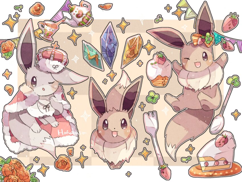 :d :o alternate_color animal_focus brown_background brown_fur cake cape clover commentary_request creatures_(company) croissant crown cup cupcake eevee evolution_stone evolutionary_stone fire_stone flower food food-themed_hair_ornament fork four-leaf_clover fruit fur-trimmed_cape fur_trim game_freak gen_1_pokemon hair_ornament hanabusaoekaki highres nintendo no_humans one_eye_closed open_mouth pokemon pokemon_(creature) red_cape red_flower red_rose rose shiny_pokemon smile solid_oval_eyes sparkle spoon sprout strawberry teacup teapot thunder_stone water_stone