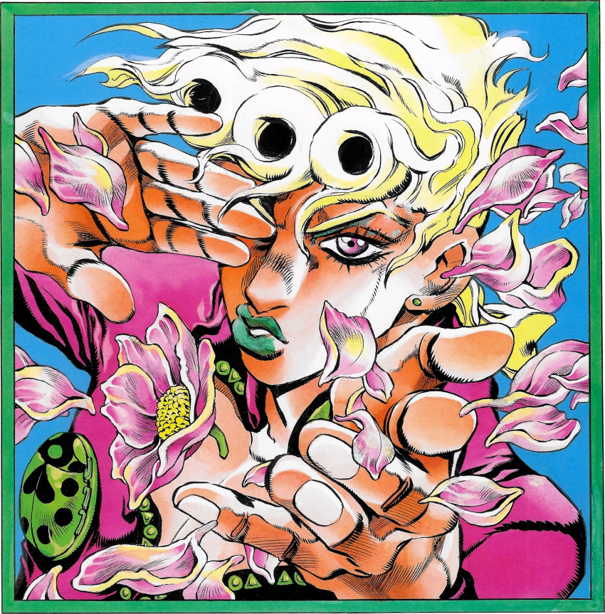 1boy araki_hirohiko blonde_hair brooch cropped ear_piercing flower giorno_giovanna hand_up highres jacket jewelry jojo_no_kimyou_na_bouken non-web_source official_art parted_lips petals piercing pink_eyes pink_jacket vento_aureo