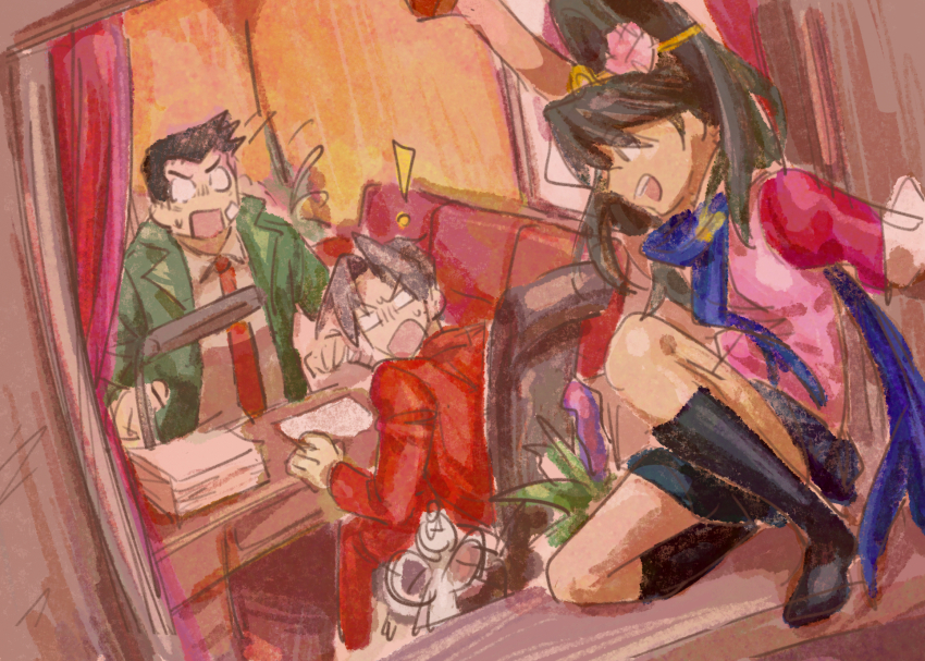 ! 1girl 2boys ace_attorney ace_attorney_investigations arm_up black_hair black_skirt black_socks blue_scarf coat dick_gumshoe formal_clothes green_coat grey_hair highres kay_faraday key_hair_ornament miles_edgeworth multiple_boys necktie paperwork parted_bangs pink_shirt pleated_skirt ponytail red_curtains red_necktie red_suit scarf shirt sketch skirt smile socks steel_samurai suit surprised wide-eyed window youki_lee