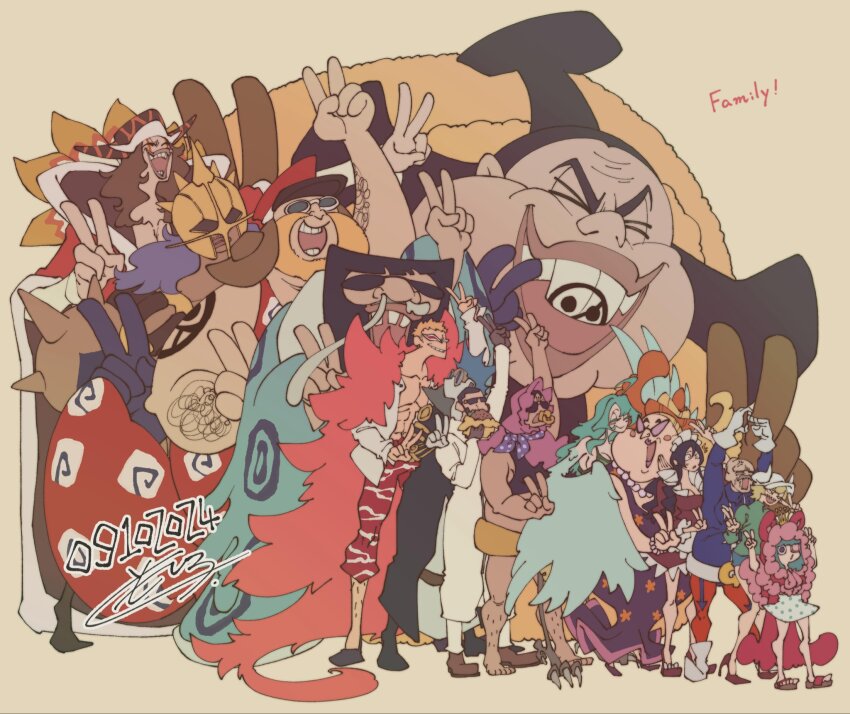 2024 4girls 6+boys apron baby_5 bald black_coat black_hair blonde_hair blue_hair blue_shirt brown_dress brown_gloves buck_teeth buffalo_(one_piece) burger capelet capri_pants closed_eyes closed_mouth coat crown dated dellinger_(one_piece) diamante donquixote_doflamingo dress eating ebidenai english_text facepaint flower food giolla gladius_(one_piece) gloves goggles green_hair green_shirt green_tank_top harpy helmet highres holding holding_burger holding_food horns lao_g leaning_on_person long_hair looking_at_another machvise maid maid_apron maid_headdress mask medium_hair monet_(one_piece) monocle monster_girl mouth_mask multicolored_hair multiple_boys multiple_girls neckerchief one_piece open_mouth orange_hair pacifier pants pica pink_capelet pink_coat polka_dot polka_dot_skirt purple_dress purple_hair purple_neckerchief senor_pink shirt short_hair shoulder_tattoo size_difference skirt smile snot spiked_hair sugar_(one_piece) sunflower sunglasses tank_top tattoo teeth trebol two-tone_hair v vergo white_coat white_gloves white_shirt