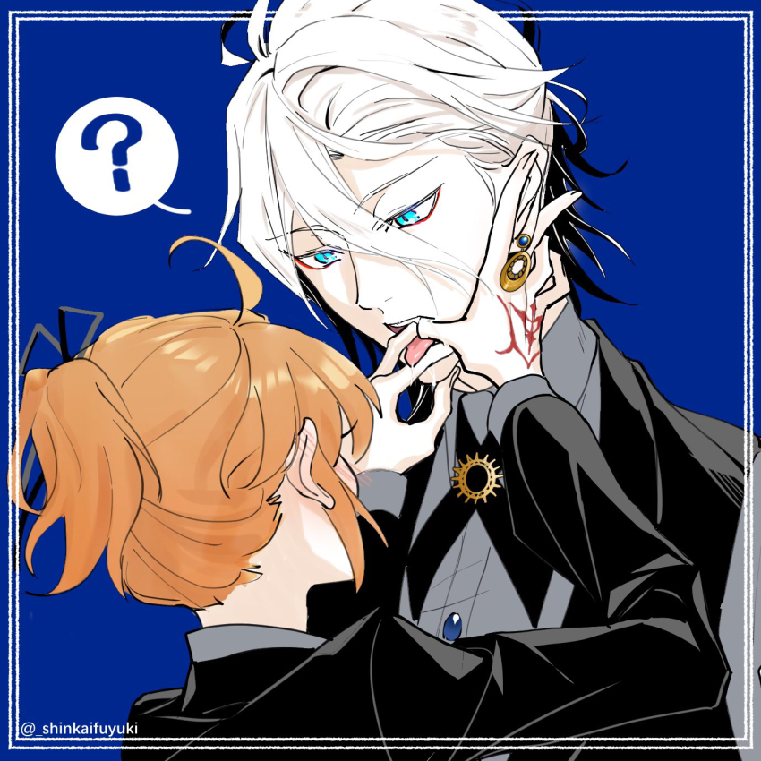 1boy 1girl ? black_suit blue_eyes command_spell commentary_request earrings eyeliner fate/grand_order fate_(series) finger_in_another&#039;s_mouth formal_clothes fujimaru_ritsuka_(female) fujimaru_ritsuka_(female)_(royal_brand) height_difference highres jewelry karna_(fate) karna_(gateau_au_chocolat)_(fate) makeup orange_hair ponytail red_eyeliner shinkaifuyuki spoken_question_mark suit tongue tongue_out twitter_username white_hair