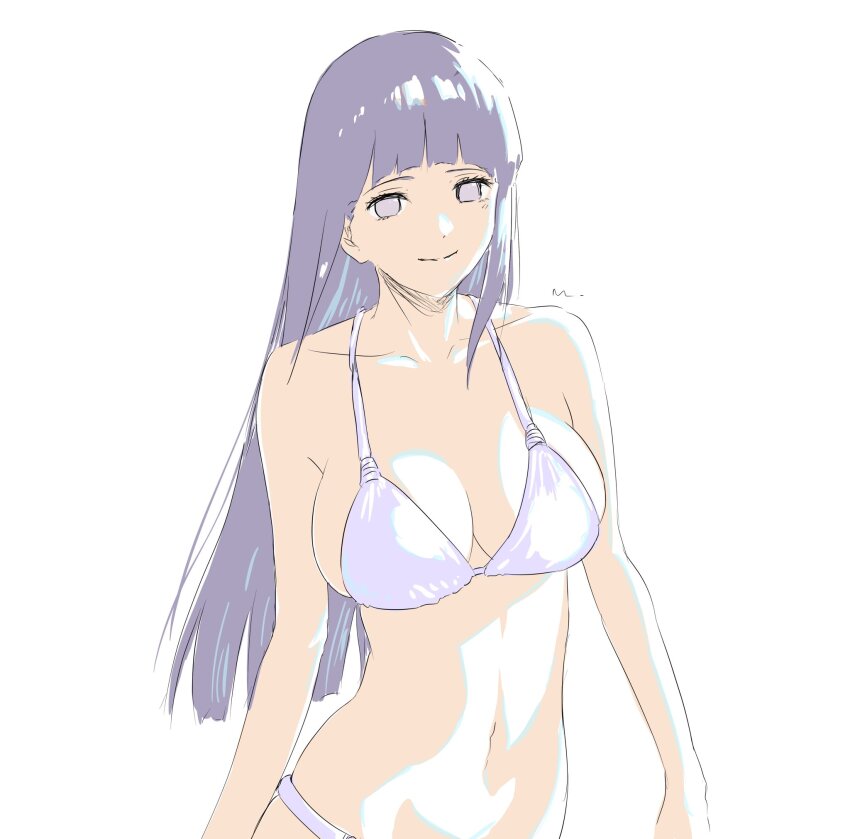 1girl alternate_costume bikini breasts closed_mouth collarbone highres hyuuga_hinata large_breasts long_hair looking_at_viewer mitsugu naruto_(series) naruto_shippuuden navel no_pupils purple_bikini purple_eyes purple_hair simple_background smile solo swimsuit white_background