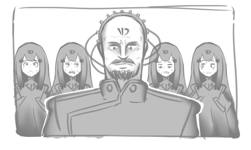 1boy 4girls adeline_(girls&#039;_frontline) bad_id bad_twitter_id bald beard black_hair command_&amp;_conquer command_&amp;_conquer:_red_alert command_&amp;_conquer:_red_alert_2 commentary crossover english_commentary facial_hair girls&#039;_frontline greyscale headgear military military_uniform monochrome multiple_girls mustache nyto_(generic)_(girls&#039;_frontline) nyto_(girls&#039;_frontline) paradeus scared serjatronic sweat yuri_(c&amp;c)