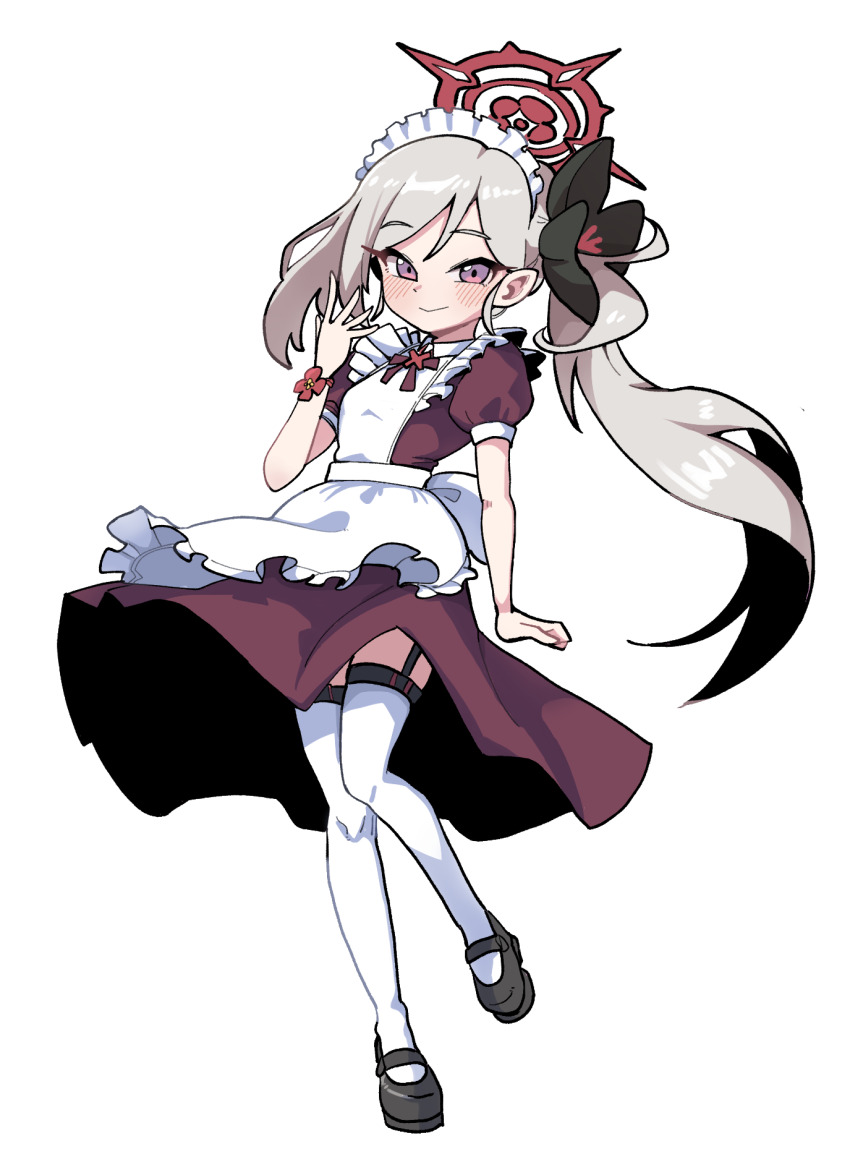 1girl apron black_shoes blue_archive blush dress flower full_body grey_hair hair_flower hair_ornament halo highres long_hair looking_at_viewer mago_cats maid maid_headdress mutsuki_(blue_archive) puffy_short_sleeves puffy_sleeves purple_dress purple_eyes red_halo shoes short_sleeves side_ponytail simple_background smile solo thighhighs white_apron white_background white_thighhighs