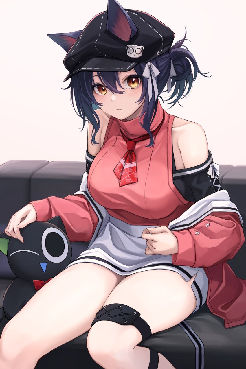 1girl absurdres animal_ears arknights asymmetrical_hair black_hair black_hat breasts cabbie_hat cat_ears cat_girl closed_mouth clothing_cutout couch ears_through_headwear expressionless feet_out_of_frame hair_between_eyes hair_bun hair_ribbon hat highres jacket looking_at_viewer luo_xiaohei luo_xiaohei_(cat) luo_xiaohei_zhanji medium_breasts medium_hair miniskirt nameko_houshi necktie off_shoulder official_alternate_costume open_clothes open_jacket orange_eyes pencil_skirt pink_background pink_jacket pink_shirt red_necktie ribbon rockrock_(arknights) rockrock_(before_singing)_(arknights) shirt shirt_tucked_in short_necktie shoulder_cutout simple_background single_side_bun sitting skirt sleeveless sleeveless_shirt thigh_strap white_ribbon white_skirt