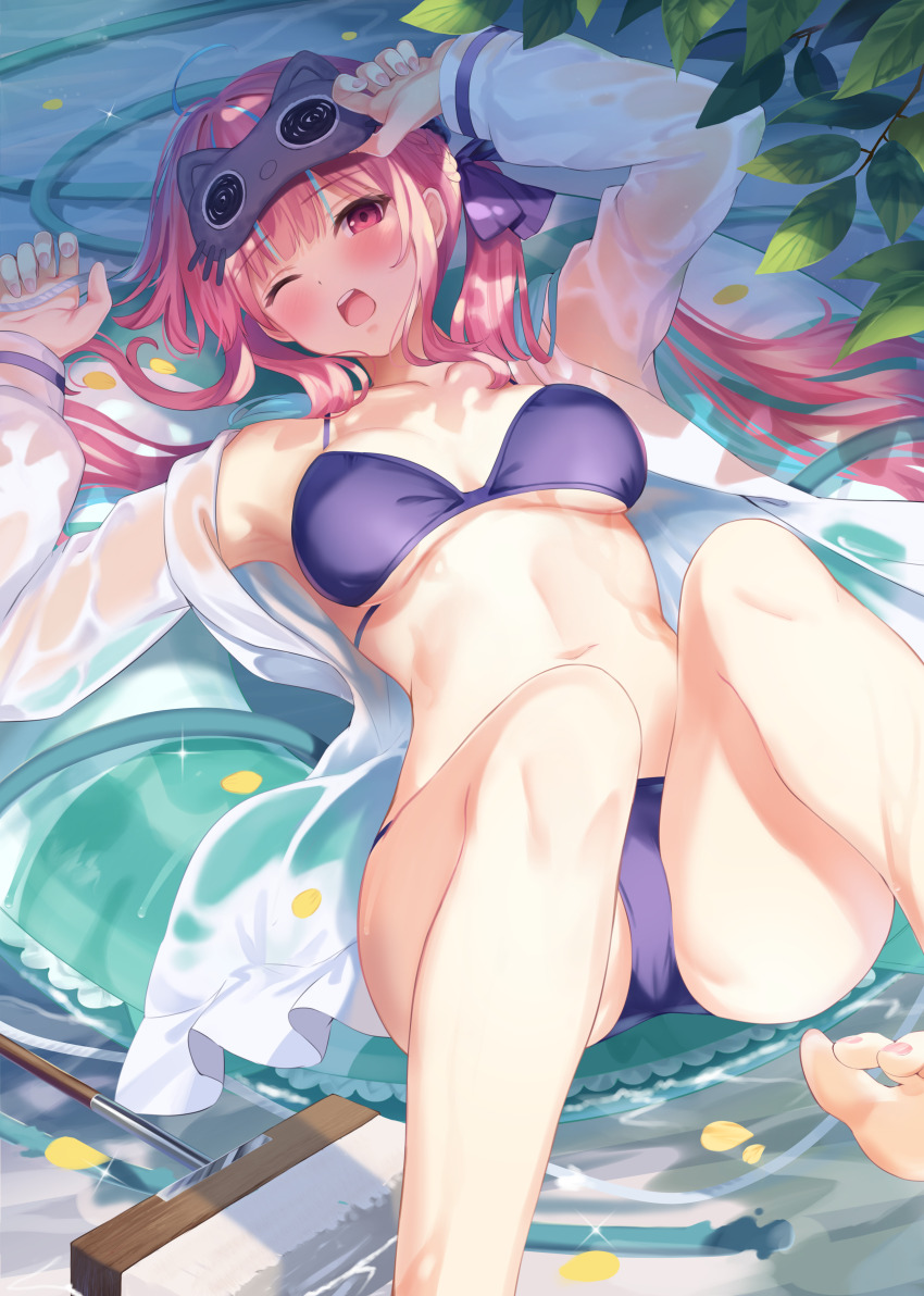 1girl absurdres adjusting_mask ahoge aqua_hair barefoot bikini blush braid breasts coat commentary fingernails glint green_innertube hair_ribbon highres hololive hose innertube kashima_ema knees large_breasts long_hair long_sleeves looking_at_viewer lying mask mask_on_head minato_aqua mop multicolored_hair nail_polish navel neko_(minato_aqua) on_back one_eye_closed open_mouth pink_eyes pink_hair pink_nails plant purple_bikini purple_ribbon ribbon sleep_mask solo stomach streaked_hair swim_ring swimsuit teeth thighs toenail_polish toenails toes tongue twintails two-tone_hair upper_teeth_only virtual_youtuber wet wet_clothes white_coat