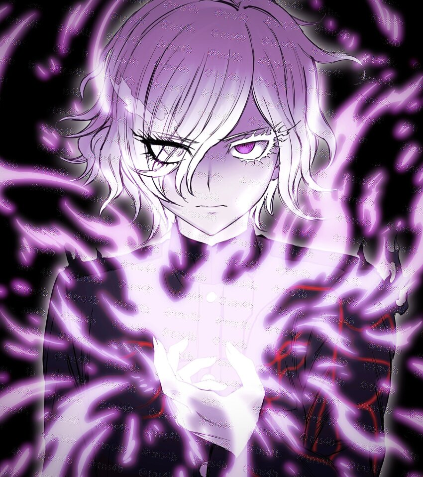 1boy black_background eyes_visible_through_hair fire fire_body flaming_eyes gakuran heterochromia highres honosuke_(tns4b) looking_at_viewer male_focus outer_glow purple_eyes purple_fire pyrokinesis school_uniform serious shion_(hundred_line) short_hair solo the_hundred_line_-last_defense_academy- too_many_watermarks upper_body veins watermark white_eyes white_hair