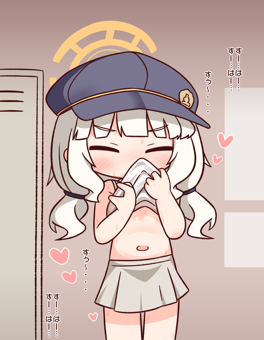 1girl aoba_(blue_archive) bare_arms bare_shoulders blue_archive blue_hat blunt_bangs blush closed_eyes clothes_pull commentary_request cowboy_shot halo hana_kazari hat highres medium_hair navel shirt shirt_pull skirt sleeveless sleeveless_shirt smelling smelling_clothes solo translation_request white_hair white_shirt white_skirt yellow_halo