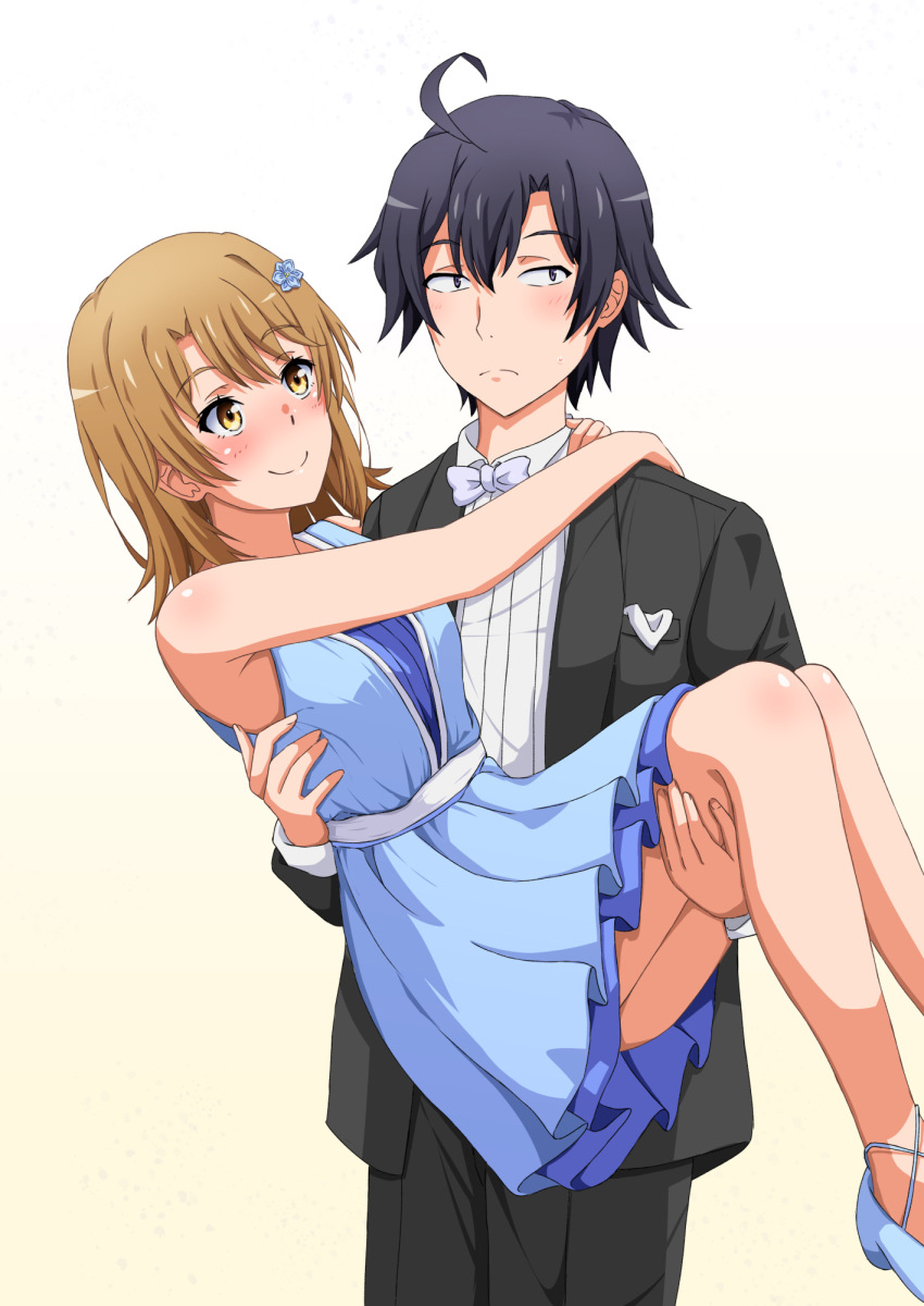 1boy 1girl ahoge black_hair black_pants black_vest blue_dress blush bow bowtie breasts brown_eyes carrying commentary_request dress flower formal_clothes hair_flower hair_ornament high_heels highres hikigaya_hachiman isshiki_iroha konoyan medium_breasts pants princess_carry short_hair simple_background smile suit vest white_background white_bow white_bowtie yahari_ore_no_seishun_lovecome_wa_machigatteiru.