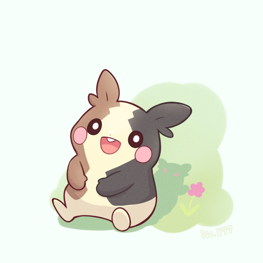 025sakura393 :d bright_pupils brown_eyes commentary_request flower gen_8_pokemon happy highres looking_at_viewer morpeko morpeko_(full) nintendo no_humans open_mouth pokemon pokemon_(creature) sitting smile solo white_pupils