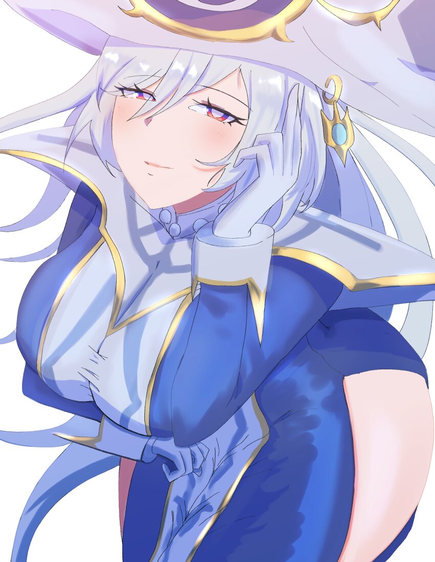 1girl absurdres breasts conicalart duel_monster gloves grey_hair hat highres hip_vent long_hair purple_eyes silent_magician simple_background smile tabard white_background white_gloves white_hat white_tabard wizard_hat yu-gi-oh!