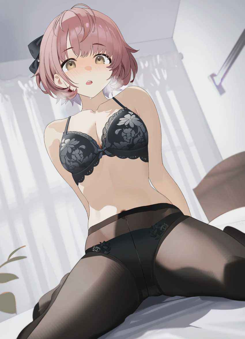 1girl absurdres arms_behind_back bed bedroom black_bra black_pantyhose bow bow_panties bra breasts brown_eyes candy_man chinese_commentary curtains dutch_angle grey_pantyhose highres idolmaster idolmaster_shiny_colors ikuta_haruki indoors lace lace-trimmed_bra lace_trim lingerie medium_breasts navel on_bed open_mouth panties pantyhose pink_hair sitting solo sweat underwear underwear_only wariza