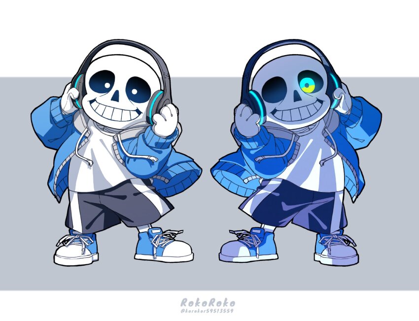 1boy artist_name black_shorts blue_eyes blue_jacket full_body glowing glowing_eye grin headphones highres hollow_eyes jacket korokor59513559 male_focus sans_(undertale) shorts skeleton smile solo teeth twitter_username undertale white_eyes