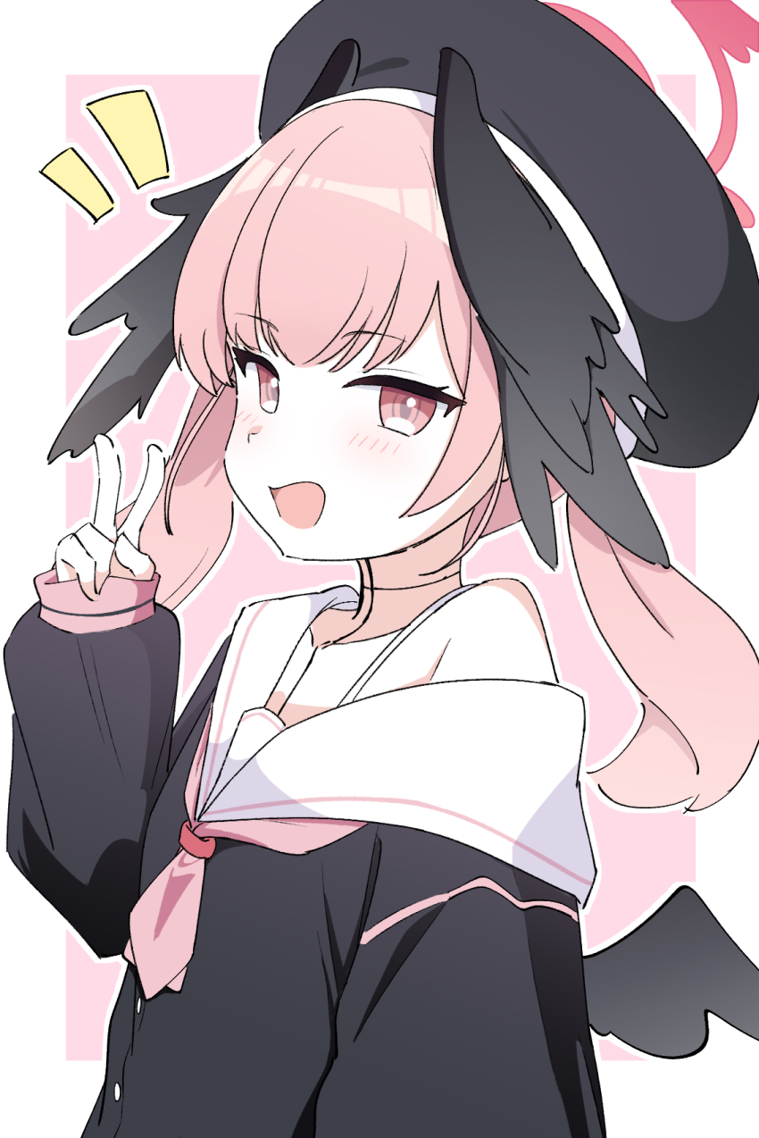 1girl arm_at_side beret black_hat black_shirt black_wings blue_archive blush body_markings border bra_strap buttons collarbone commentary feathered_wings grey_pupils halo hand_up hat hayoo_ww head_wings highres koharu_(blue_archive) long_sleeves looking_at_viewer low_wings medium_hair multiple_wings notice_lines open_mouth outline outside_border pink_background pink_eyes pink_hair pink_halo puffy_long_sleeves puffy_sleeves sailor_collar sailor_shirt school_uniform serafuku shirt simple_background single_bare_shoulder sleeves_past_wrists smile solo twintails upper_body v white_border white_outline white_sailor_collar winged_halo wings