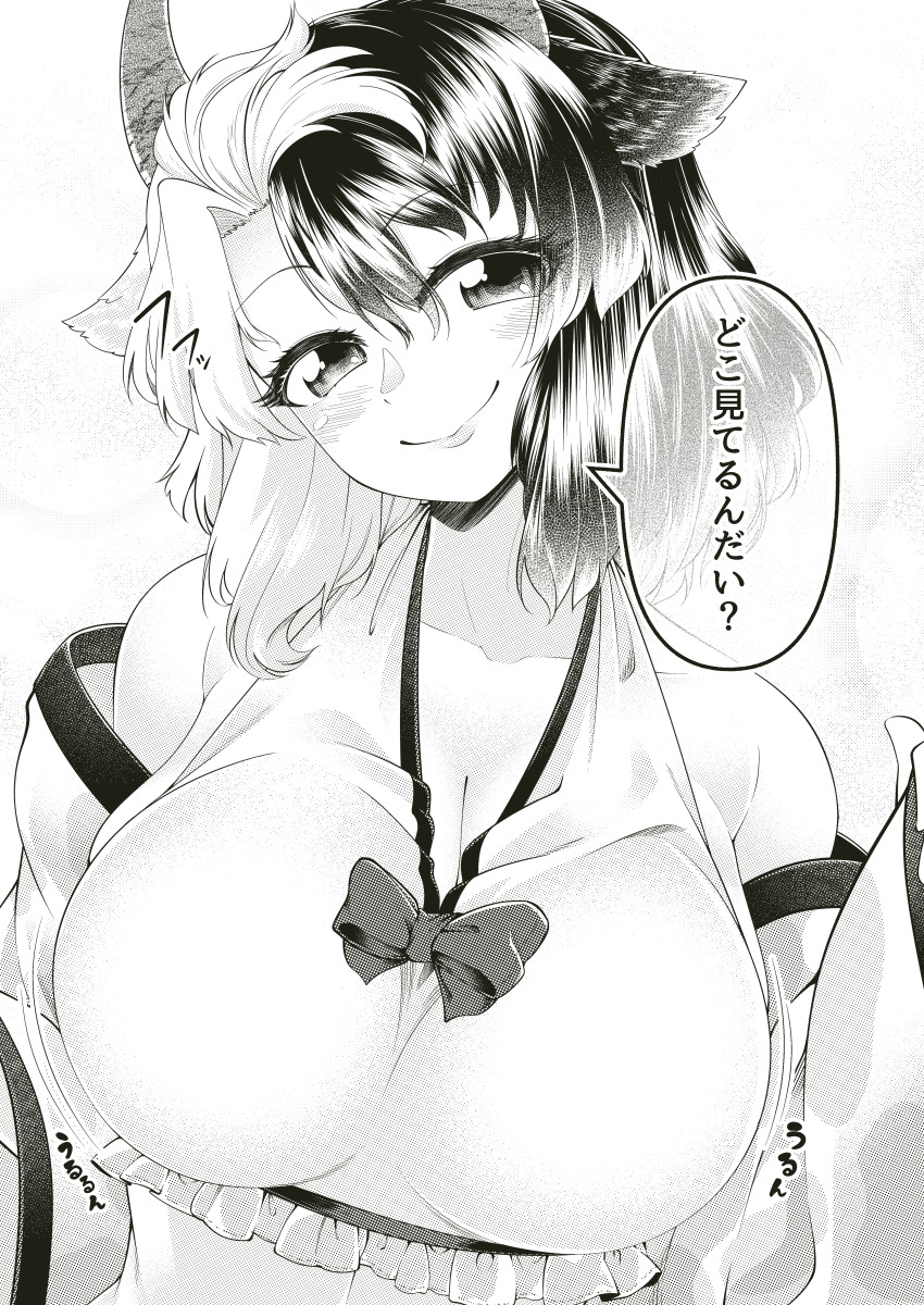 0-den 1girl absurdres blush bow bowtie breasts cleavage closed_mouth commentary_request greyscale highres impossible_clothes large_breasts looking_at_viewer monochrome multicolored_hair short_hair smile solo split-color_hair sports_bra touhou translation_request upper_body ushizaki_urumi
