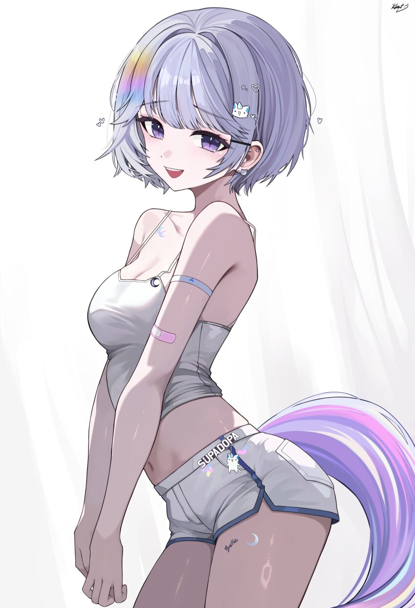 1girl absurdres arm_strap arnyang_(ayatsuno_yuni) ayatsuno_yuni bandaid bandaid_on_arm cat_earrings crop_top ear_piercing earrings grey_hair highres jewelry kkato looking_at_viewer midriff open_mouth piercing purple_eyes shirt short_hair short_shorts shorts signature solo spaghetti_strap stellive tail virtual_youtuber white_background white_shirt white_shorts
