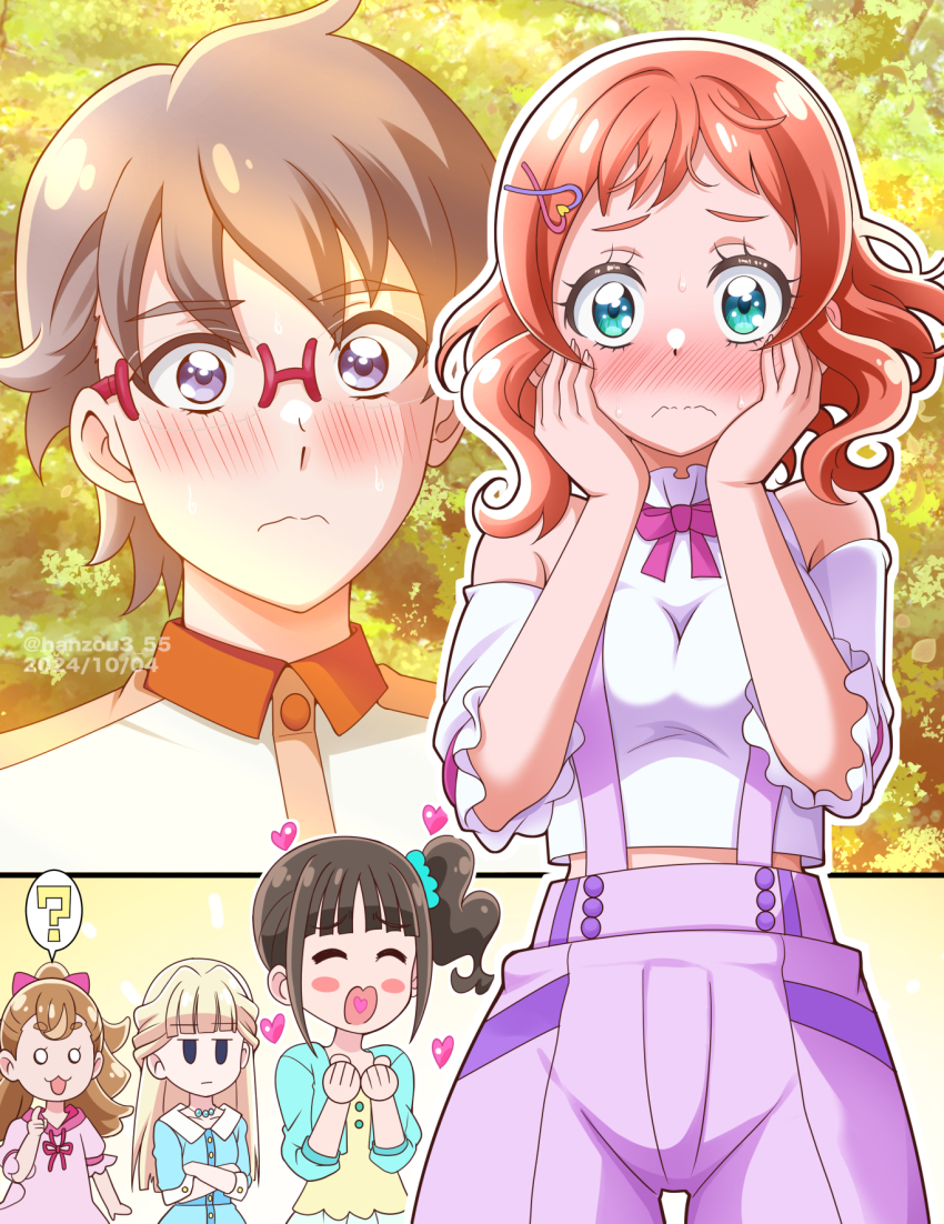 1boy 4girls :3 aqua_jacket aqua_scrunchie aqua_skirt blonde_hair blue_dress blush bow bowtie brown_hair closed_eyes closed_mouth collared_shirt dated detached_sleeves dress glasses green_eyes hair_bow hair_ornament hairclip hand_on_own_face hanzou heart highres hooded_dress inukai_iroha inukai_komugi jacket jewelry long_hair medium_hair multiple_girls necklace nekoyashiki_mayu nekoyashiki_yuki open_mouth overalls pink_bow pink_bowtie pink_dress pink_hair ponytail precure purple_eyes purple_overalls red-framed_eyewear scrunchie semi-rimless_eyewear shirt short_hair short_sleeves side_ponytail skirt sunlight sweat toyama_satoru tree twitter_username white_shirt wonderful_precure! yellow_shirt