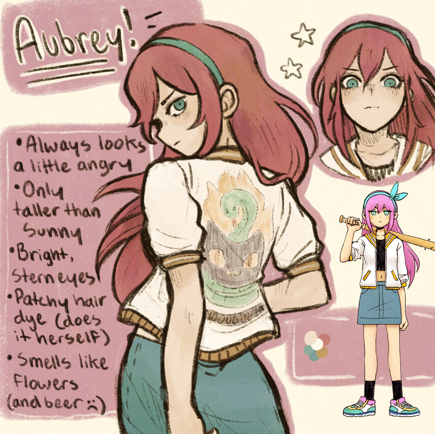 1girl aubrey_(faraway)_(omori) aubrey_(omori) blue_eyes blue_hairband blue_skirt character_name closed_mouth collarbone denim denim_skirt english_text hairband highres jacket long_hair looking_at_viewer official_art_inset omori ottie_pops pink_hair reference_inset short_sleeves skirt solo white_jacket