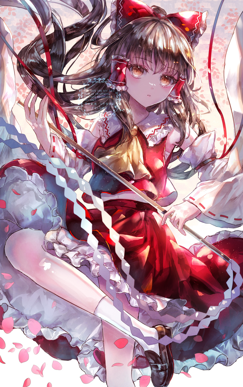 1girl absurdres ascot bow brown_eyes brown_hair commentary_request detached_sleeves falling_petals frilled_bow frilled_hair_tubes frilled_skirt frills gohei hair_bow hair_tubes hakurei_reimu highres holding holding_gohei leg_up long_hair looking_at_viewer navel petals pink_petals red_bow red_skirt ribbon-trimmed_sleeves ribbon_trim shoes skirt skirt_set socks solo suzushina touhou watermark white_socks yellow_ascot
