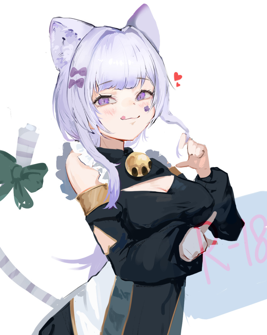 1girl :3 animal_ears bell black_dress black_sleeves breasts cat_ears cat_girl cleavage_cutout clothing_cutout detached_sleeves dress highres holographic_touchscreen jingle_bell maliss_&lt;p&gt;_chessy_cat medium_breasts nbee_ya purple_hair smile smug solo white_background yu-gi-oh!