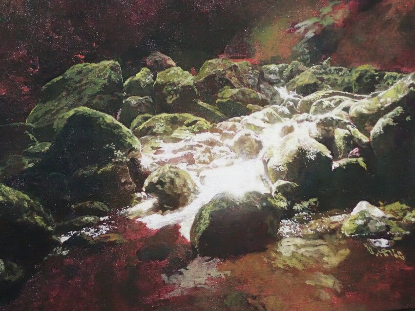 absurdres commentary_request highres naohiro_ito no_humans oil_painting_(medium) original painting_(medium) river rock scenery stream traditional_media
