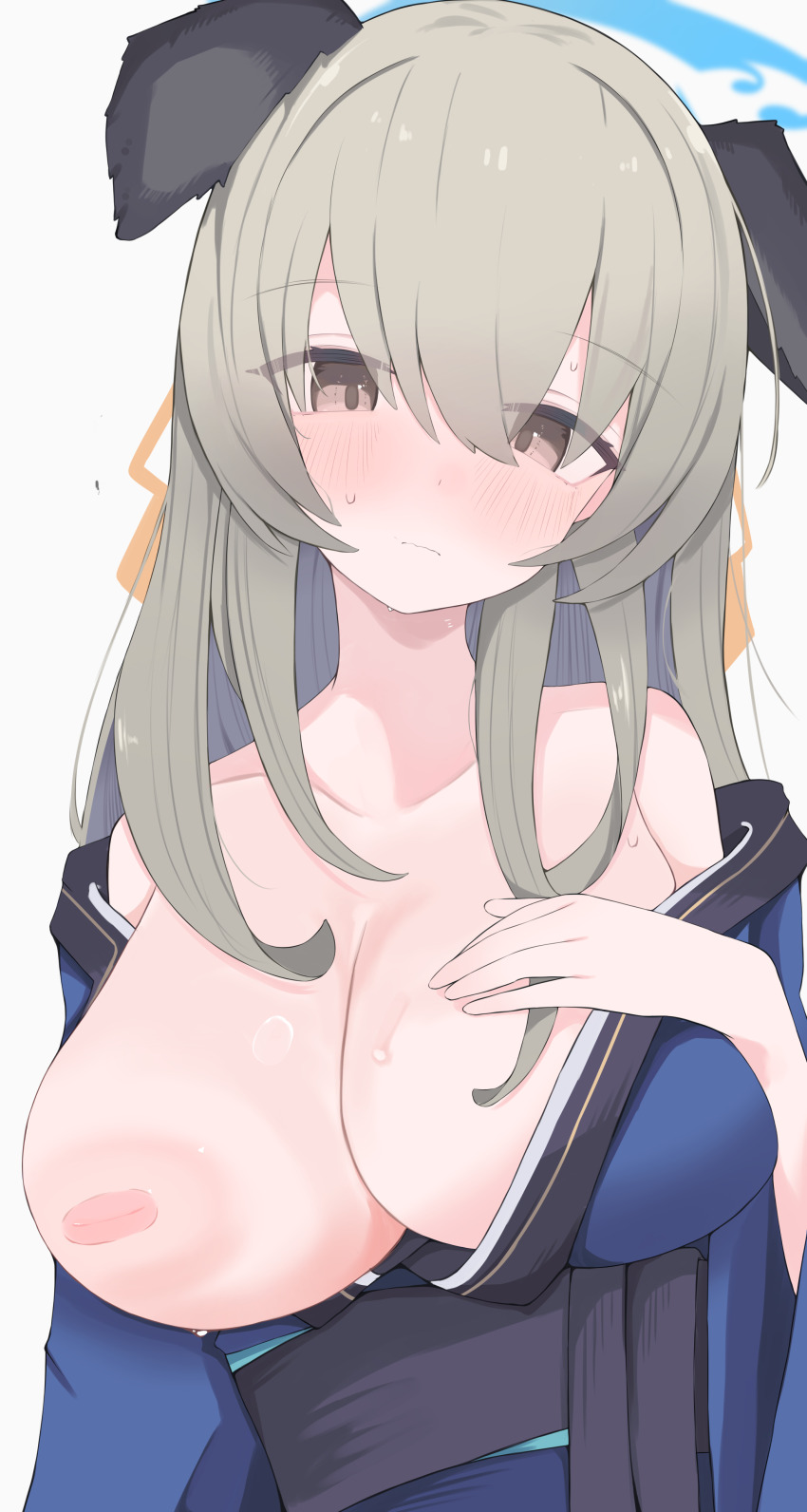1girl absurdres animal_ears bare_shoulders blue_archive blue_halo blue_kimono blush breasts brown_eyes commentary_request dog_ears dog_girl grey_hair halo highres japanese_clothes kimono large_breasts long_hair nipples nui_(nuinui0300) open_clothes open_kimono solo sweat umika_(blue_archive) upper_body white_background