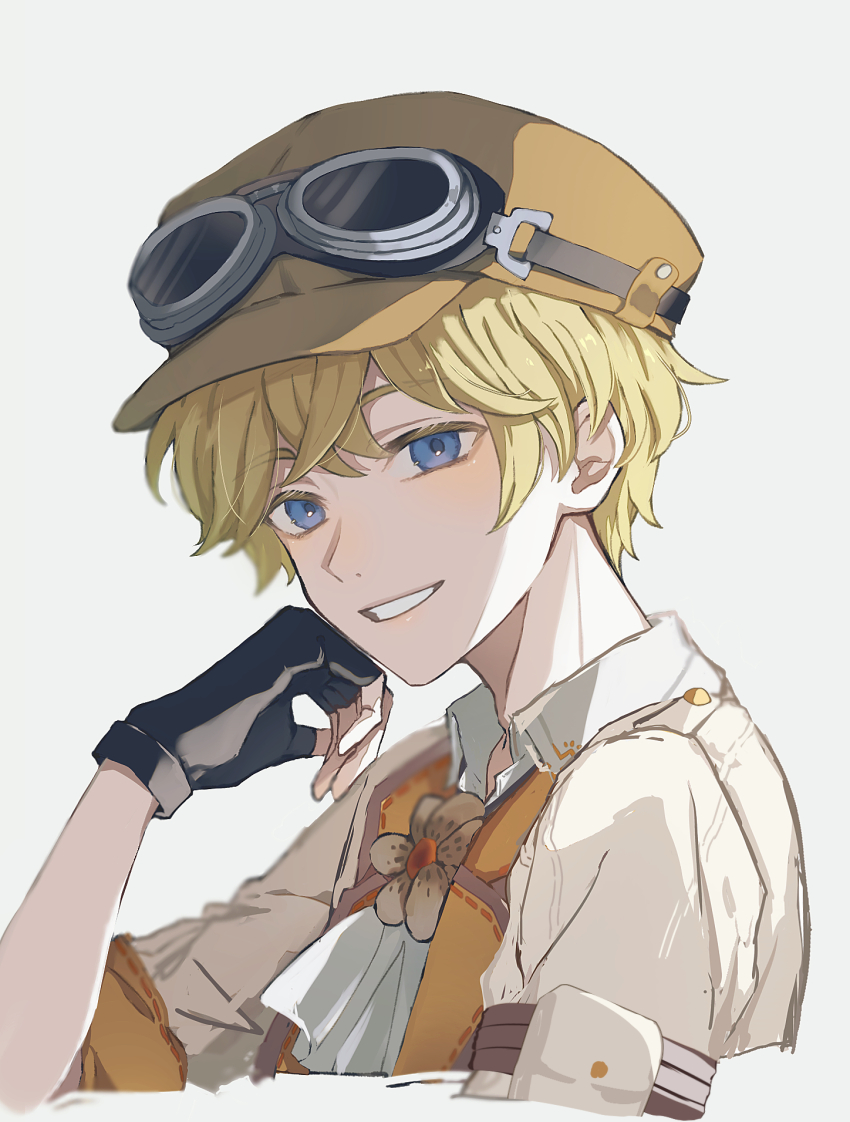 1boy ascot black_gloves blonde_hair blue_eyes brown_hat collared_shirt commentary_request fingerless_gloves gloves goggles goggles_on_headwear hand_on_own_cheek hand_on_own_face hand_up hat highres looking_at_viewer male_focus mauro_(rune_factory) rune_factory rune_factory:_guardians_of_azuma rurui_(jac7860) shirt short_hair simple_background smile solo teeth upper_body white_ascot white_background white_shirt