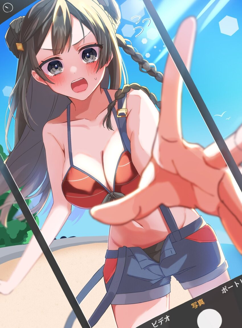 1girl bare_shoulders bikini black_hair blue_shorts blush braid breasts cleavage collarbone commentary_request double_bun dutch_angle grey_eyes groin hair_bun highres long_hair looking_at_viewer love_live! love_live!_nijigasaki_high_school_idol_club medium_breasts midriff navel osora_dao reaching reaching_towards_viewer red_bikini shorts side_braid sidelocks solo standing sweat swimsuit upper_body v-shaped_eyebrows viewfinder yuki_setsuna