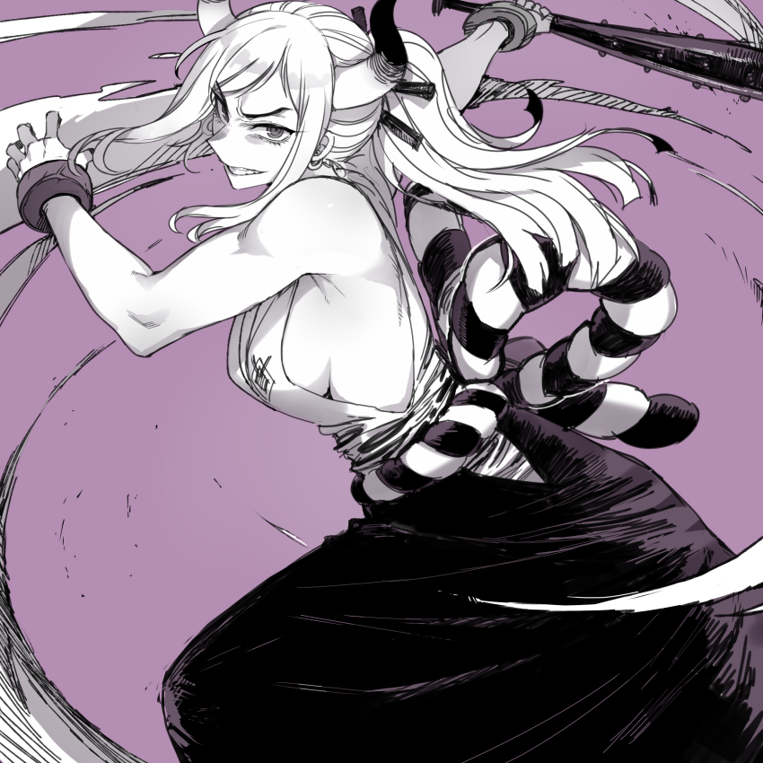 1girl action breasts club club_(weapon) commentary cuffs earrings hakama hakama_skirt highres holding_club holding_weapon horns incoming_attack japanese_clothes jewelry kanabou large_breasts long_hair looking_at_viewer one_piece ponytail purple_background purple_theme ratatatat74 ringed_eyes rope shimenawa shirt sideboob simple_background skirt sleeveless sleeveless_shirt solo spiked_club weapon yamato_(one_piece)
