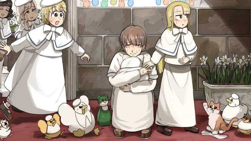5girls angular_nun_(diva) artistic_error bird black_hair blonde_hair blue_eyes blush brown_hair brown_shoes cat chicken closed_eyes clumsy_nun_(diva) commentary diva_(hyxpk) duck duckling easter embarrassed english_commentary flower grey_hair hat hedgehog highres laidback_nun_(diva) little_nuns_(diva) long_hair multiple_girls nervous_sweating robe shoes shy_nun_(diva) spicy_nun_(diva) sunglasses sweat white_hat white_robe yellow_eyes