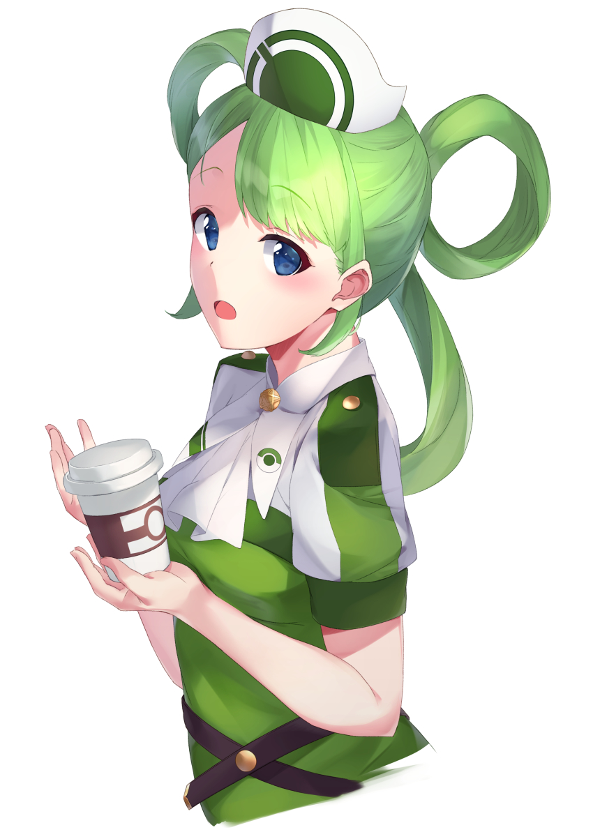 1girl absurdres blue_eyes breasts cup disposable_cup female_focus green_hair hair_rings hat highres holding holding_cup long_hair looking_at_viewer nintendo nurse_cap open_mouth pokemon pokemon_masters_ex short_sleeves simple_background small_breasts solo trinnia_(pokemon) u-st_(uweiter) upper_body white_background