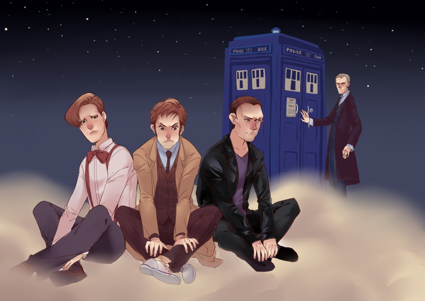 4boys absurdres bow bowtie brown_hair doctor_who eleventh_doctor eleventh_doctor_(doctor_who) formal_clothes frock_coat highres jacket leather leather_jacket male_focus multiple_boys necktie ninth_doctor ninth_doctor_(doctor_who) police_box raincoat red_nose rishangsangan short_hair suit suspenders tardis tenth_doctor tenth_doctor_(doctor_who) the_doctor the_doctor_(doctor_who) time_machine twelfth_doctor twelfth_doctor_(doctor_who)
