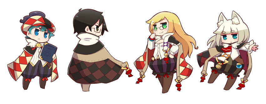 2boys 2girls 7th_dragon 7th_dragon_(series) :&lt; :o aqua_hair black-framed_eyewear black_eyes black_hair blonde_hair blue_eyes blunt_bangs blush book boots breasts brown_footwear bubble_skirt cabbie_hat cape checkered_cape checkered_clothes checkered_hat closed_mouth glasses glast_(7th_dragon) green_eyes hair_between_eyes hand_on_own_hip hand_up hat highres holding holding_book ikurakun_(7th_dragon) knee_boots long_hair long_sleeves mage_(7th_dragon) multiple_boys multiple_girls naga_u outstretched_arm pants parted_lips pince-nez profile puffy_pants semi-rimless_eyewear sharuru_(7th_dragon) shirt short_eyebrows simple_background skirt small_breasts smile striped_clothes striped_pants striped_skirt thick_eyebrows under-rim_eyewear vanessa_(7th_dragon) vertical-striped_clothes vertical-striped_pants vertical-striped_skirt very_long_hair white_background white_hair white_shirt