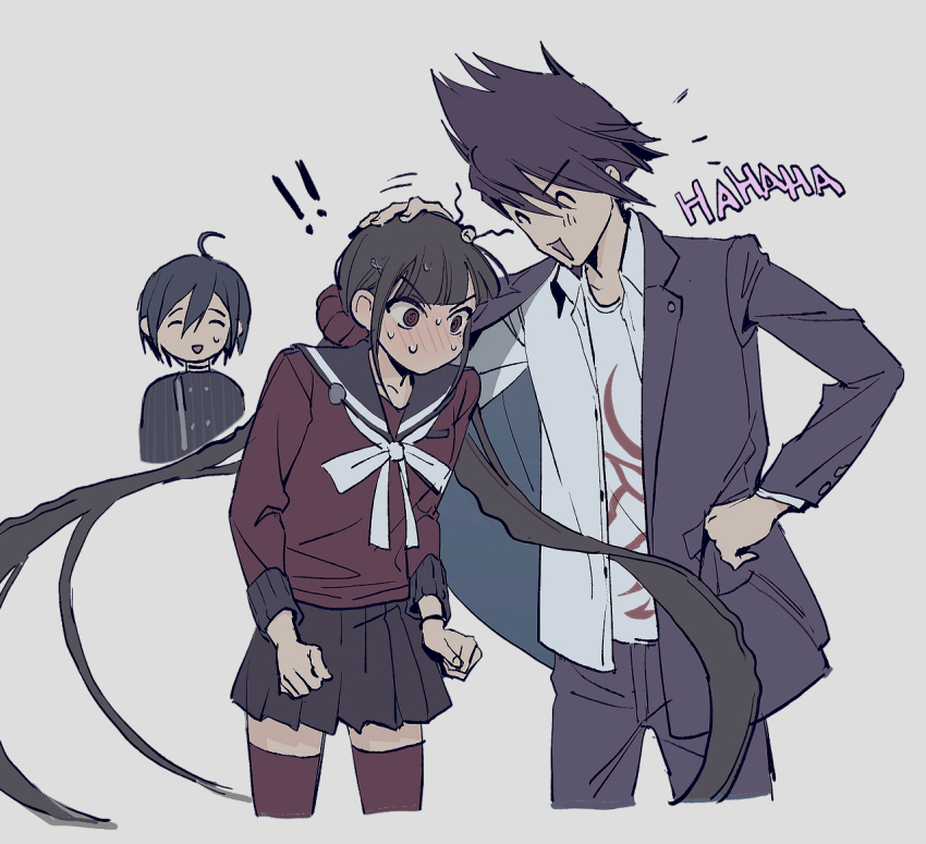 1girl 2boys :d ahoge black_hair black_sailor_collar black_skirt blush brown_hair danganronpa_(series) danganronpa_v3:_killing_harmony facial_hair goatee hair_ornament hair_scrunchie harukawa_maki jacket long_hair long_sleeves miniskirt momota_kaito multiple_boys open_clothes open_jacket open_mouth open_shirt pants pink_pants pleated_skirt print_shirt red_scrunchie red_shirt red_thighhighs saihara_shuichi sailor_collar scrunchie shirt skirt smile sophie_(693432) spiked_hair thighhighs white_shirt zettai_ryouiki