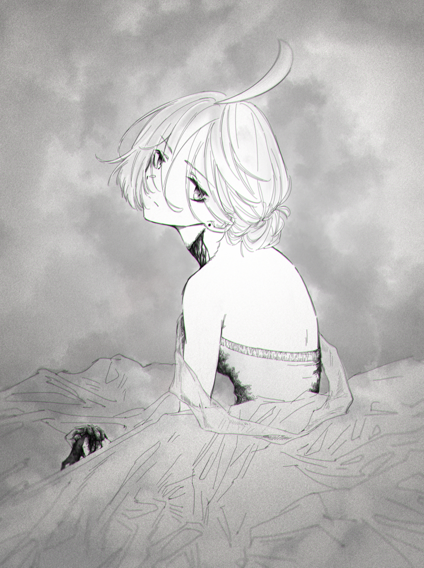 1girl absurdres ahoge back bare_shoulders blood chinese_commentary closed_mouth commentary_request dress earrings greyscale gundam gundam_suisei_no_majo highres himmel_(keine_haare) jewelry long_hair looking_at_viewer looking_back miorine_rembran monochrome off-shoulder_dress off_shoulder solo stud_earrings