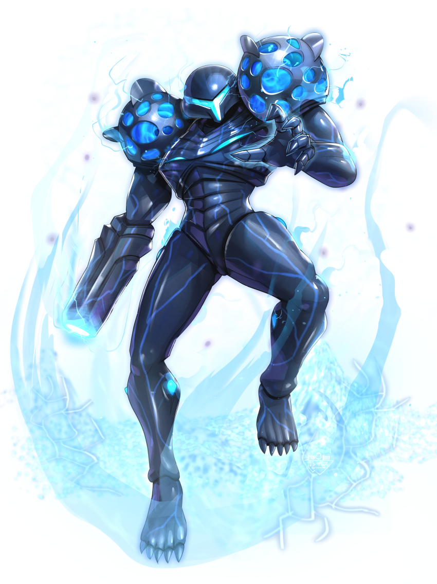 1girl absurdres arm_cannon armor assault_visor blue_visor blurry blurry_background claws commentary_request dark_samus energy floating full_armor glowing glowing_eyes gonzarez hand_up helmet highres looking_at_viewer metroid metroid_prime_2:_echoes nintendo phazon power_armor science_fiction solo weapon