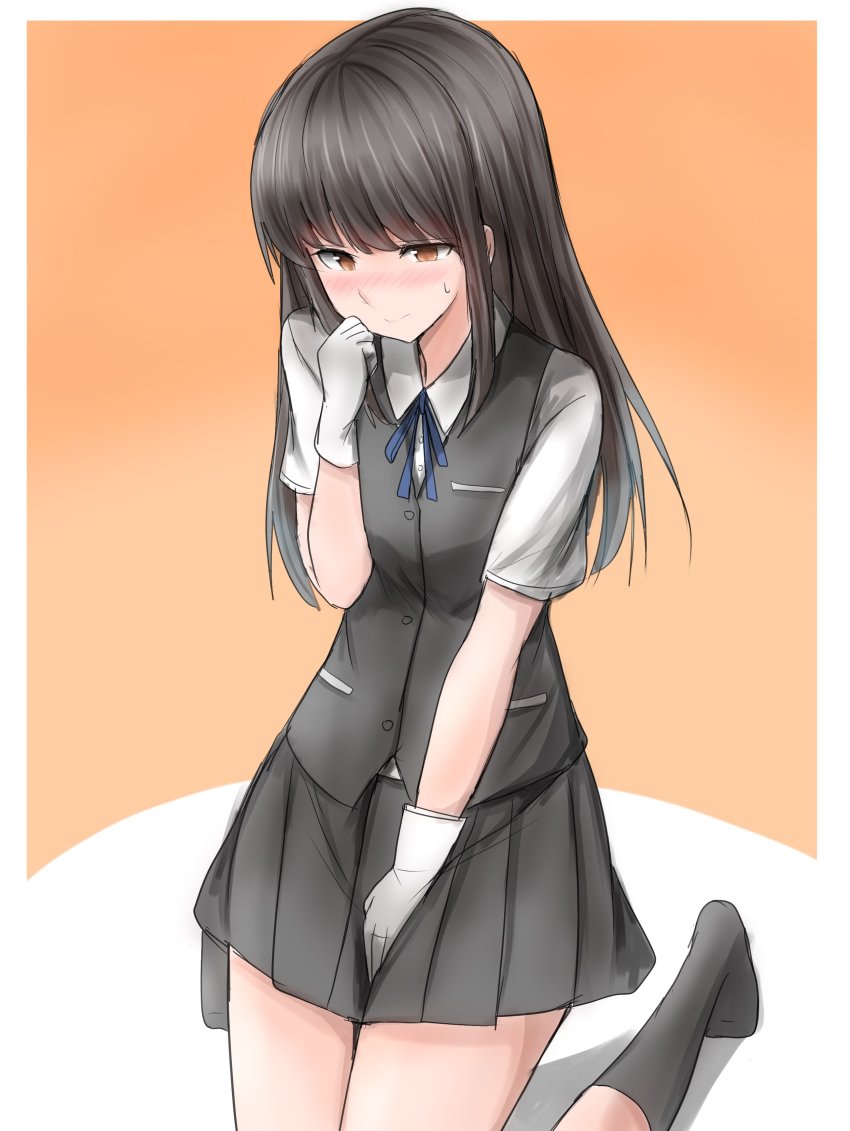 1girl absurdres black_hair black_skirt black_socks black_vest blue_ribbon collared_shirt commentary_request dress_shirt gloves hayashio_(kancolle) highres kamaboko_senshi kantai_collection kneeling loafers long_hair neck_ribbon pleated_skirt ribbon shirt shoes skirt socks solo vest white_gloves white_shirt yellow_eyes