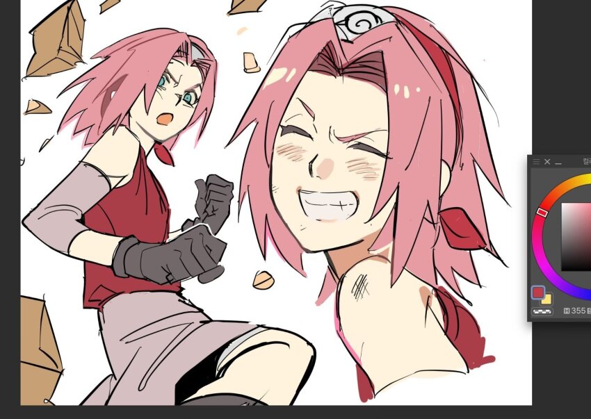 1girl art_program_in_frame bare_shoulders blush breasts clenched_hands closed_eyes debris dirty dirty_face elbow_sleeve fighting_stance furrowed_brow gloves green_eyes grey_gloves grin haruno_sakura headband highres hxf_ls medium_breasts medium_hair multiple_views naruto_(series) open_mouth parted_bangs parted_lips pink_hair pink_skirt red_headband red_vest sketch skirt smile teeth upper_body vest white_background