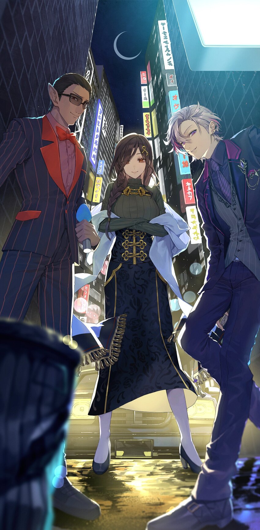 1girl 2boys absurdres against_wall alley black_hair blue_hair blue_pants blue_skirt blurry blurry_foreground bow bowtie braid breasts brick_wall brooch brown_eyes brown_footwear brown_hair building car collared_shirt crescent_moon crossed_arms depth_of_field diagonal-striped_clothes diagonal-striped_necktie elf floral_print formal_clothes full_body fuwa_minato fuwa_minato_(2nd_costume) gold_trim green_sweater grey_hair grey_vest gwelu_os_gar hair_ornament hair_slicked_back hairclip high-waist_skirt highres holding holding_microphone jewelry large_breasts leaning lens_flare long_skirt looking_at_viewer microphone moon motor_vehicle multicolored_hair multiple_boys necktie night nijisanji orange_bow orange_bowtie outdoors pants parted_lips pink_shirt pinstripe_pants pinstripe_pattern pinstripe_suit pinstripe_vest pointy_ears purple_eyes purple_hair purple_necktie purple_pants purple_shirt purple_suit reg_(regulus_iii) ribbed_sweater road shawl shirayuki_tomoe shirayuki_tomoe_(1st_costume) shirt side_braid sideburns skirt smile standing standing_on_one_leg streaked_hair street striped_clothes suit sunglasses sweater swept_bangs trash_can vest virtual_youtuber white_shawl
