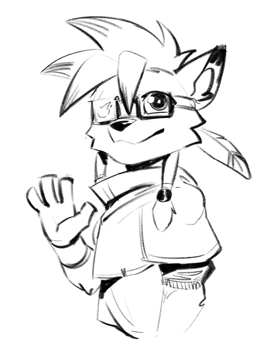 1boy aged_down animal_ear_fluff animal_ears animal_nose artofkurzweil capelet feather_hair_ornament feathers final_fantasy final_fantasy_vii furry furry_male glasses greyscale hair_ornament highres looking_at_viewer male_focus monochrome one_eye_covered red_xiii smile spiked_hair waving