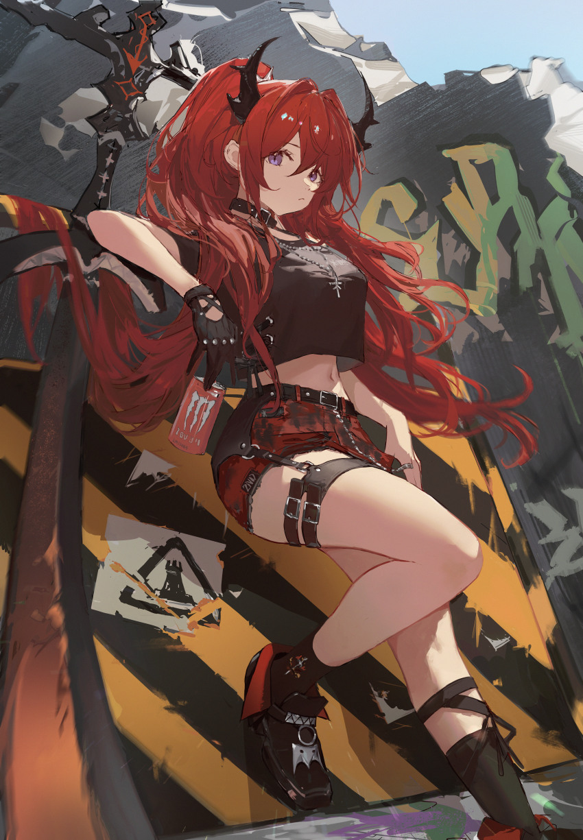 1girl absurdres arknights belt belt_collar black_belt black_collar black_gloves black_horns black_shirt black_shoes black_socks can chinese_commentary collar commentary_request crop_top crop_top_overhang cropped_shirt gloves graffiti hair_intakes hat high_ponytail highres holding holding_can horns jewelry laoshi_wo_hao_e long_hair midriff monster_energy navel necklace official_alternate_costume outdoors pencil_skirt ponytail product_placement purple_eyes red_hair red_skirt shirt shoes short_sleeves single_glove skirt socks solo surtr_(arknights) surtr_(liberte_echec)_(arknights) sword very_long_hair weapon