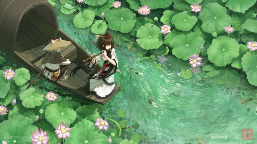 2girls absurdres ajirogasa alternate_costume animal_ears artist_name black_hair boat closed_eyes commentary_request fasnakegod flower flute from_above gourd grey_hair hair_bun hair_ornament hat highres holding holding_flute holding_instrument holding_sword holding_weapon instrument inubashiri_momiji japanese_clothes koi lily_(flower) lily_pad multiple_girls music nature no_tail on_boat pink_flower playing_flute playing_instrument pom_pom_(clothes) red_sash river sash scabbard scenery shameimaru_aya sheath short_hair single_hair_bun sitting standing sword tassel tassel_hair_ornament touhou waraji watercraft weapon wolf_ears