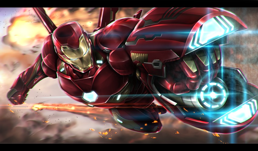 1boy armor avengers:_infinity_war avengers_(series) explosion flying full_armor glowing gomi_kushige helmet iron_man looking_at_viewer male_focus marvel marvel_cinematic_universe mecha mk_50 power_armor robot solo
