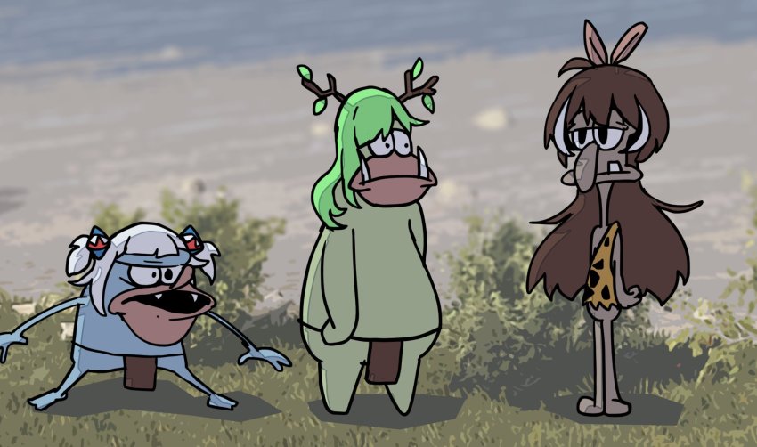 brown_hair ceres_fauna dark_skin feather_hair_ornament feathers gawr_gura green_hair hair_ornament highres hololive hololive_english mazumaro nanashi_mumei shark_hair_ornament spongebob_squarepants_(series) tagme tusks virtual_youtuber white_hair