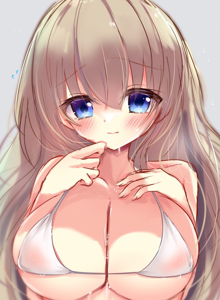 1girl 9-nine- absurdres alternate_costume bare_shoulders bikini blue_eyes blush breast_suppress breasts brown_hair cleavage closed_mouth covered_erect_nipples eyes_visible_through_hair flying_sweatdrops grey_background hair_between_eyes halterneck hands_up hashtag-only_commentary highres kujou_miyako large_breasts long_hair looking_at_viewer micro_bikini nekota_min raised_eyebrows simple_background sketch solo straight-on sweat swimsuit upper_body white_bikini