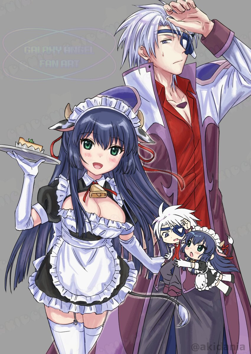 1boy 1girl :d absurdres alternate_costume animal_ears arm_up bell blue_hair blush breasts chibi cleavage collarbone collared_shirt cow_ears cow_horns cow_tail cowbell cowboy_shot enmaided eyepatch fake_animal_ears galaxy_angel green_eyes grey_background highres holding holding_plate horns hug karasuma_chitose kitaru lester_coolduras long_hair maid male_focus multiple_views open_mouth plate red_shirt shirt short_hair smile sweatdrop tail thigh_strap thighhighs twitter_username white_hair white_thighhighs