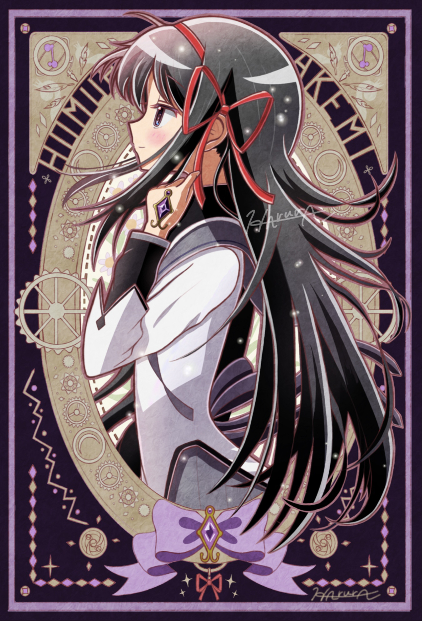 1girl akemi_homura akemi_homura_(magical_girl) art_nouveau artist_name black_hair blush bow capelet character_name closed_eyes commentary_request from_side gem grey_skirt hair_ribbon headband highres long_hair long_sleeves magical_girl mahou_shoujo_madoka_magica mahou_shoujo_madoka_magica_(anime) purple_bow red_headband red_ribbon ribbon shirt signature skirt three-quarter_sleeves solo white_shirt yae_harura
