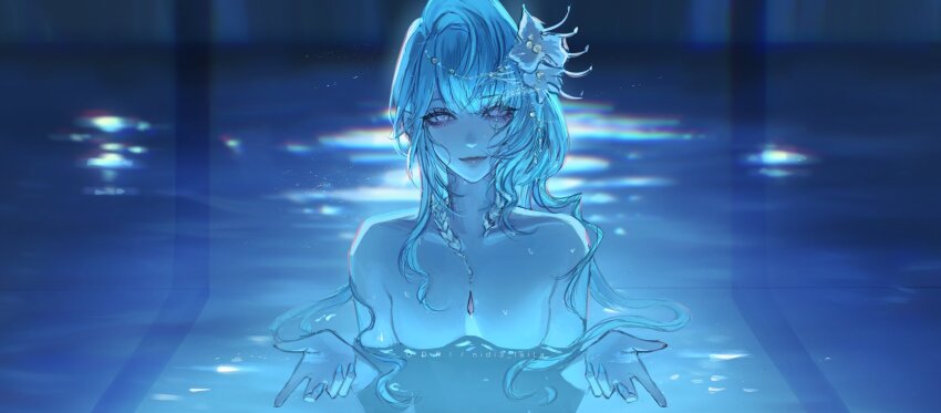 +\l.l./+_(path_to_nowhere) 1girl artist_name asymmetrical_bangs black_eyeliner blue_hair blue_theme braid breasts chainsaw_man chest_jewel collarbone commentary completely_nude english_commentary eyeliner glitter_makeup hair_ornament head_tilt highres i&#039;ll_teach_you_everything_(chainsaw_man) lens_flare looking_at_viewer makeup nidi3_laila nude partially_submerged path_to_nowhere pearl_hair_ornament pool purple_eyes reflection reflective_liquid scene_reference shell shell_hair_ornament single_hair_intake small_breasts smile solo straight-on upper_body water water_drop wet